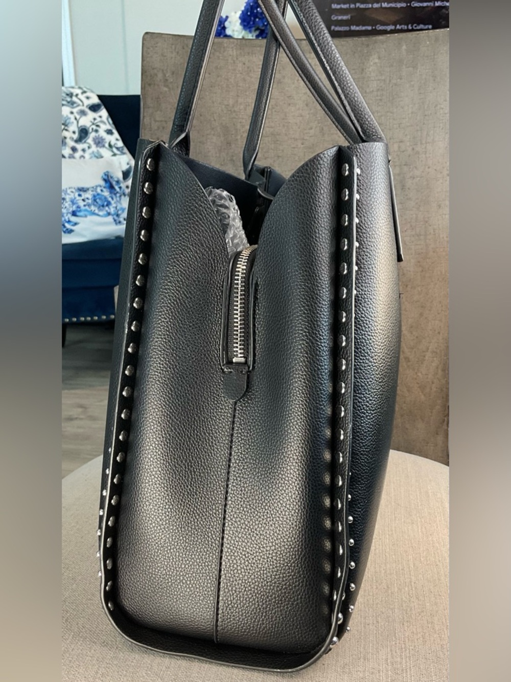 DKNY Josie Large Studded Tote Bag Black Pebbled Leather (GUC) - Picture 4 of 15